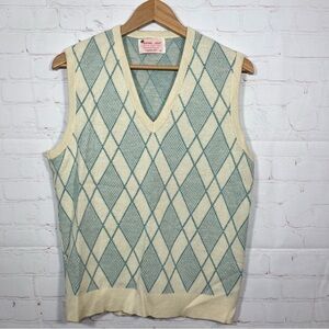 Vintage Lord Jeff Argyle Sweater Vest Mens Medium Beige Blue Made In USA